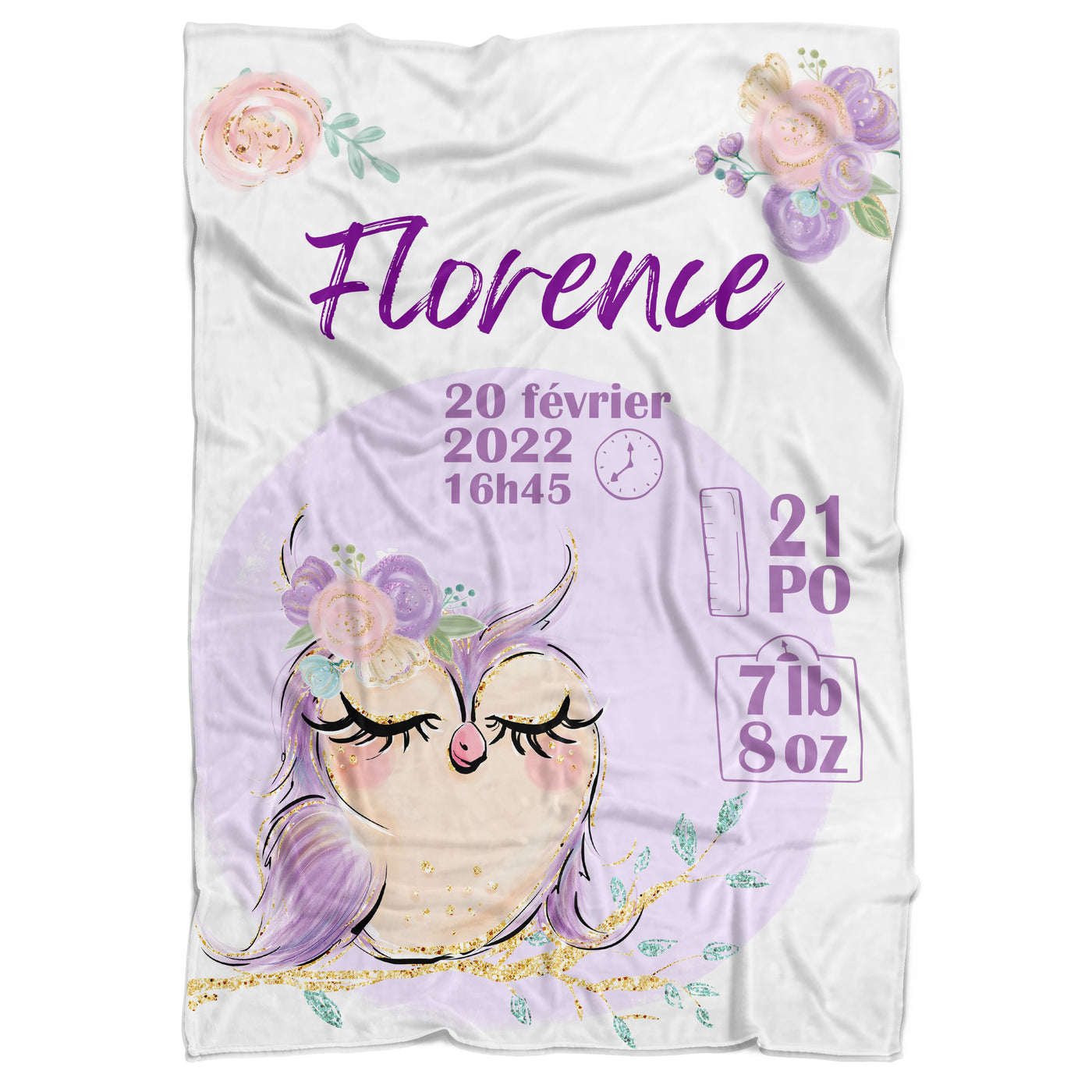 Couverture de naissance hibou mauve